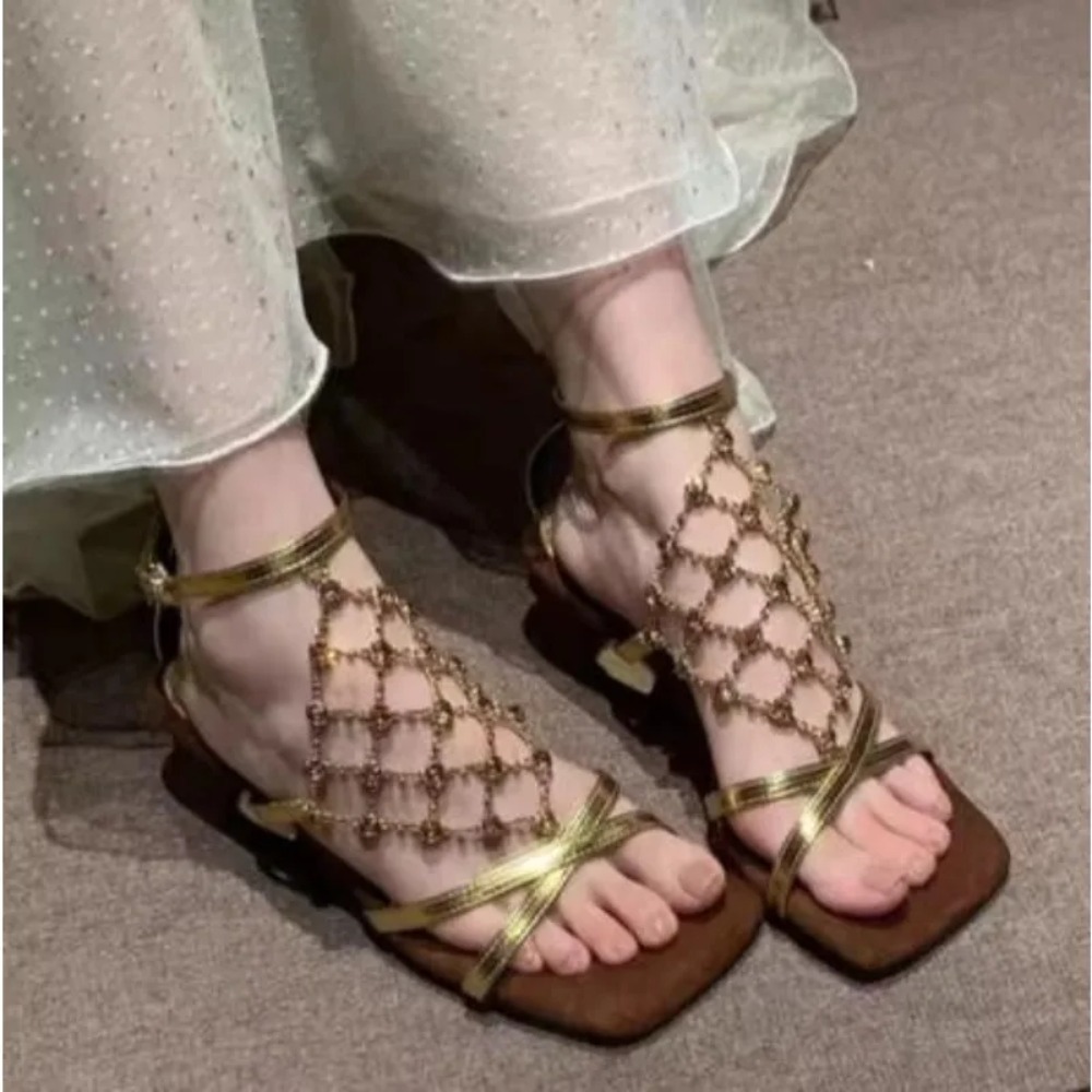 Mesh Strap Metal - Şık Yüksek Topuklu Kadın Yazlık Kare